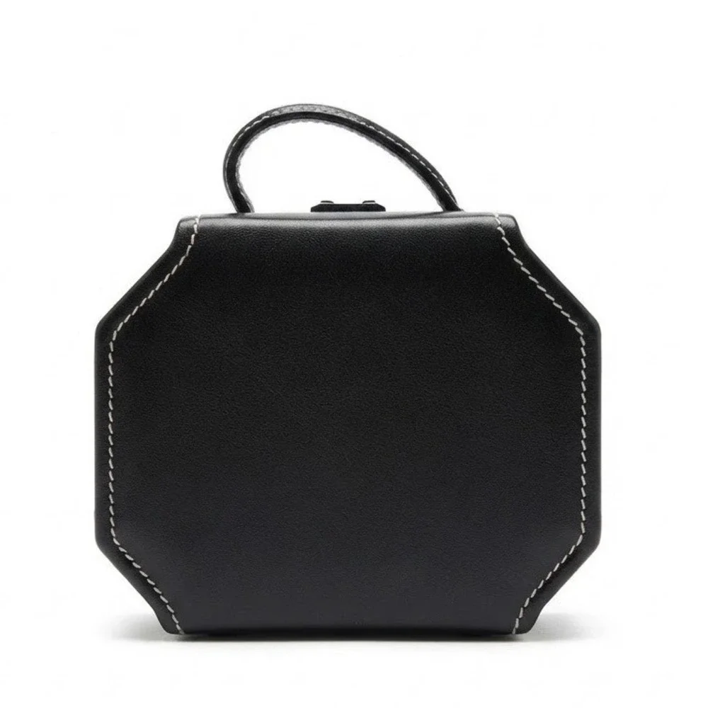 Black Leather Octagonal Jewelry Mini Travel Case Vacation Organizer Adventures